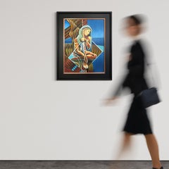 "Contemplation" - Peinture à l'huile géométrique cubiste figurative - Fille assise