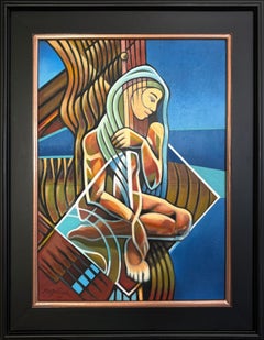 "Contemplation" - Vibrant Geometric Cubist Figurative Oil Painting - Girl Seated