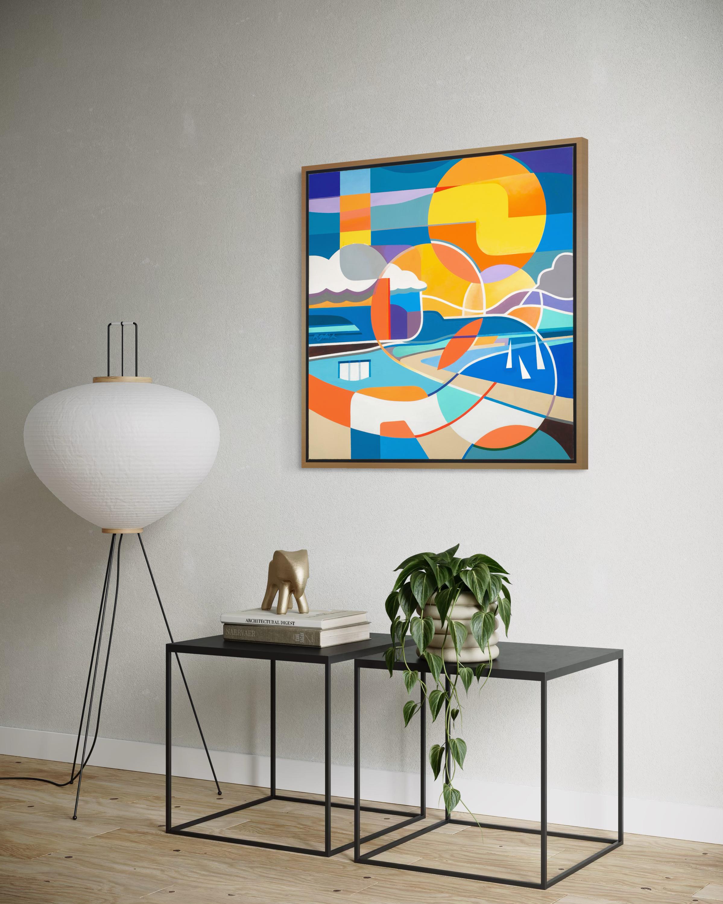 'Day at the Coast' - Shoreline Series - Abstract Geometric Seascape and Boats For Sale 4