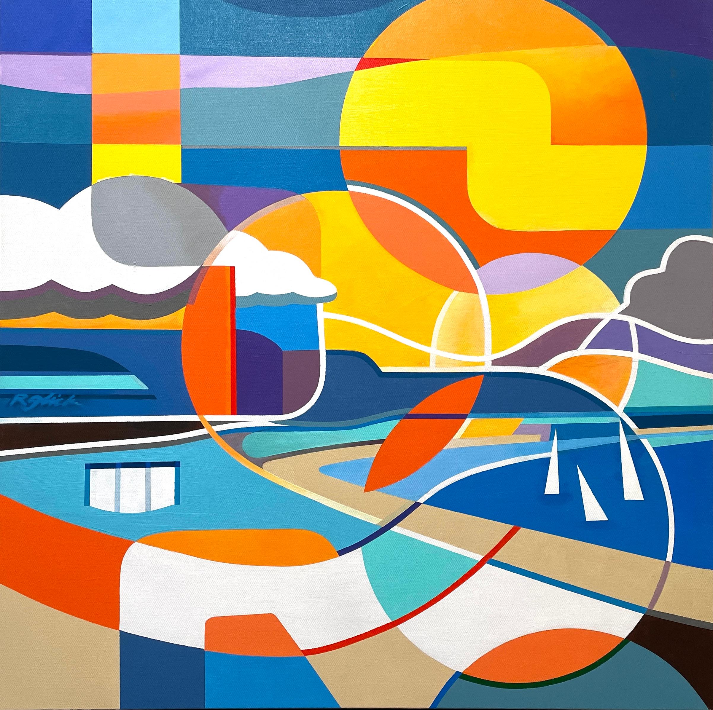 'Day at the Coast' - Shoreline Series - Abstract Geometric Seascape and Boats - Painting by Robert Glick