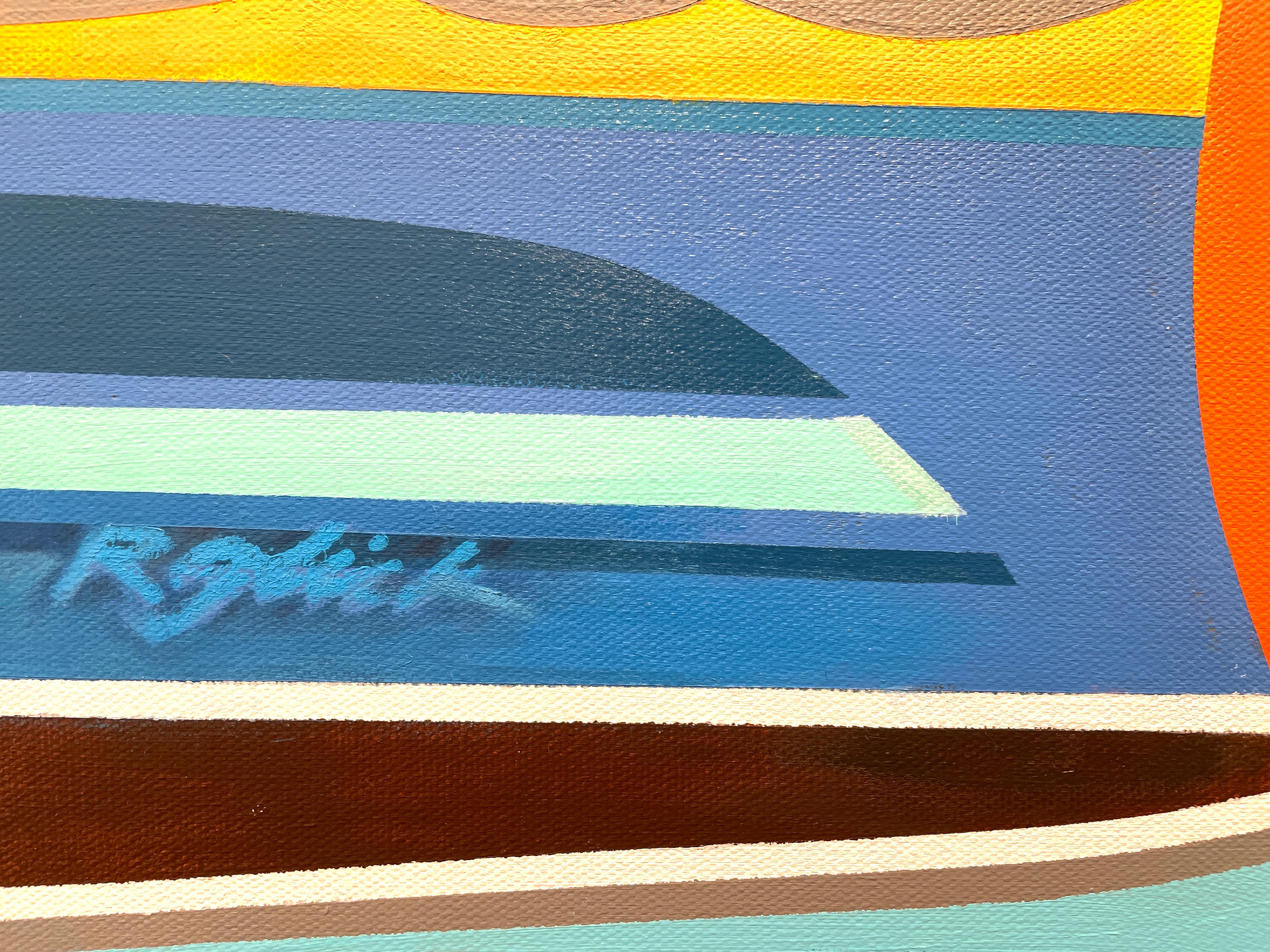 'Day at the Coast' - Shoreline Series - Abstract Geometric Seascape and Boats For Sale 2