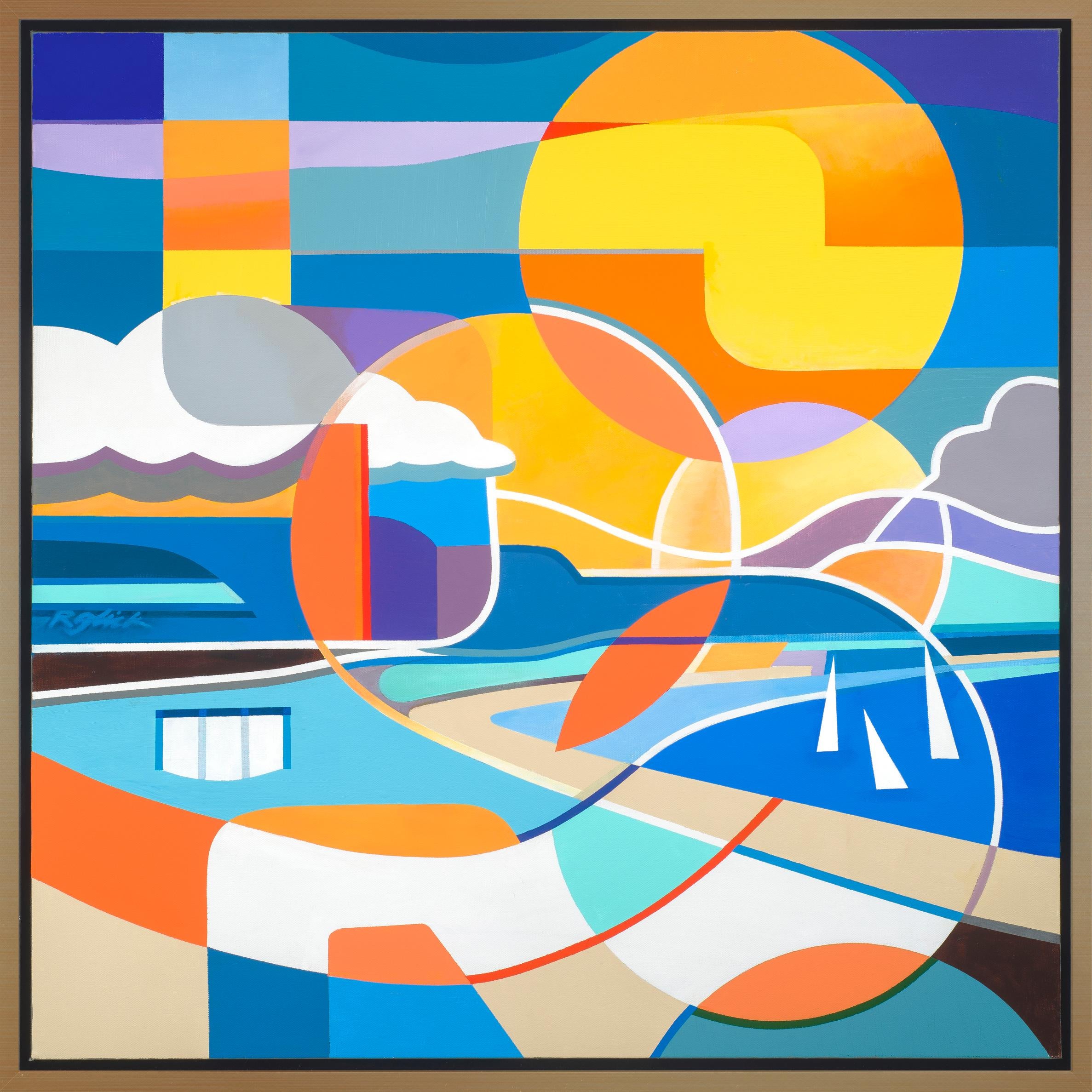 Robert Glick Abstract Painting – „Day at the Coast“ – Shoreline Series – Abstrakte geometrische Meereslandschaft und Boote