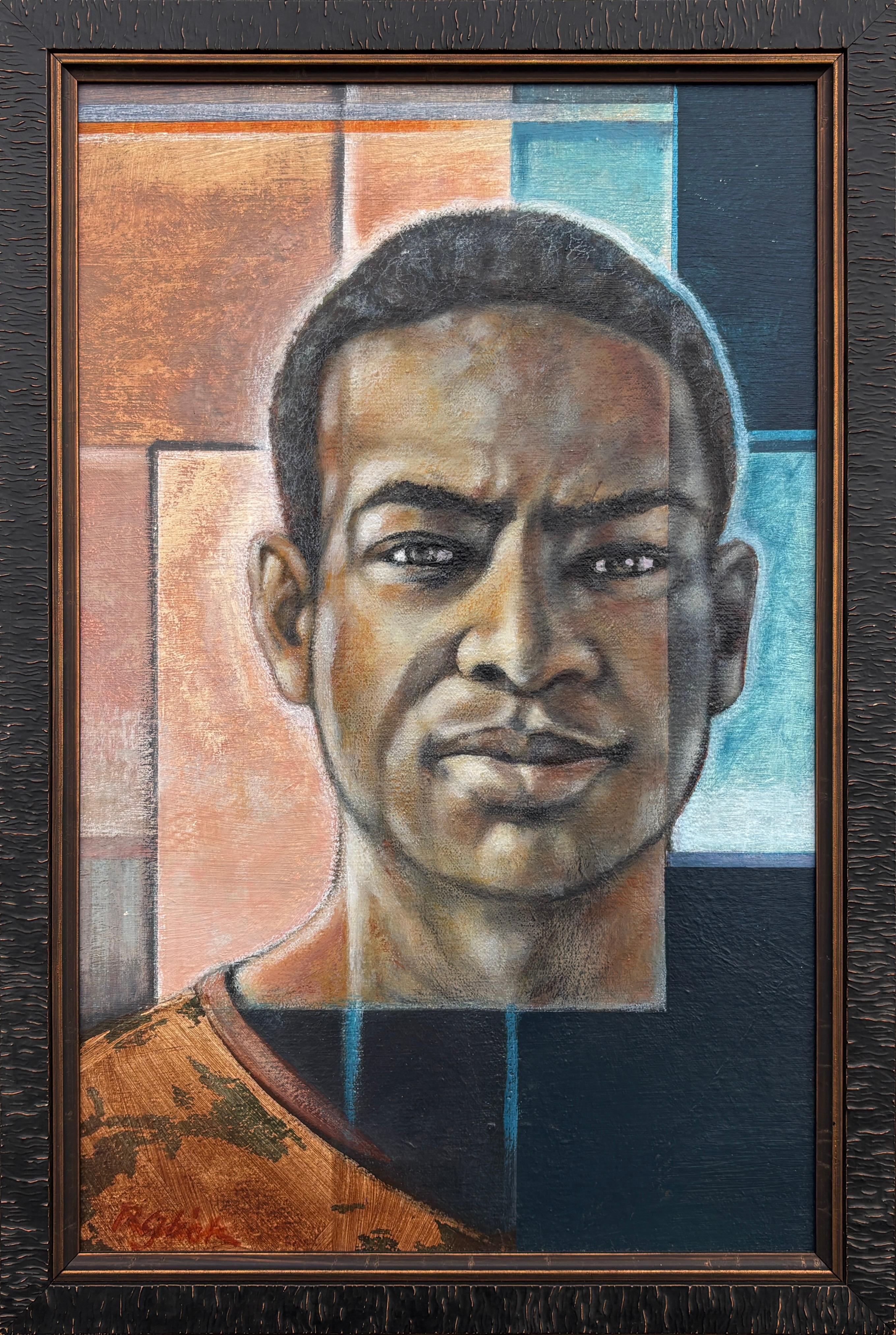 Portrait Painting Robert Glick - "Deja Vu" - Petit portrait géométrique contemporain - Portrait d
un homme noir