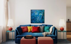 'Emerging' - Minimal Geometric Abstract Female Portrait in White and Blue Tones