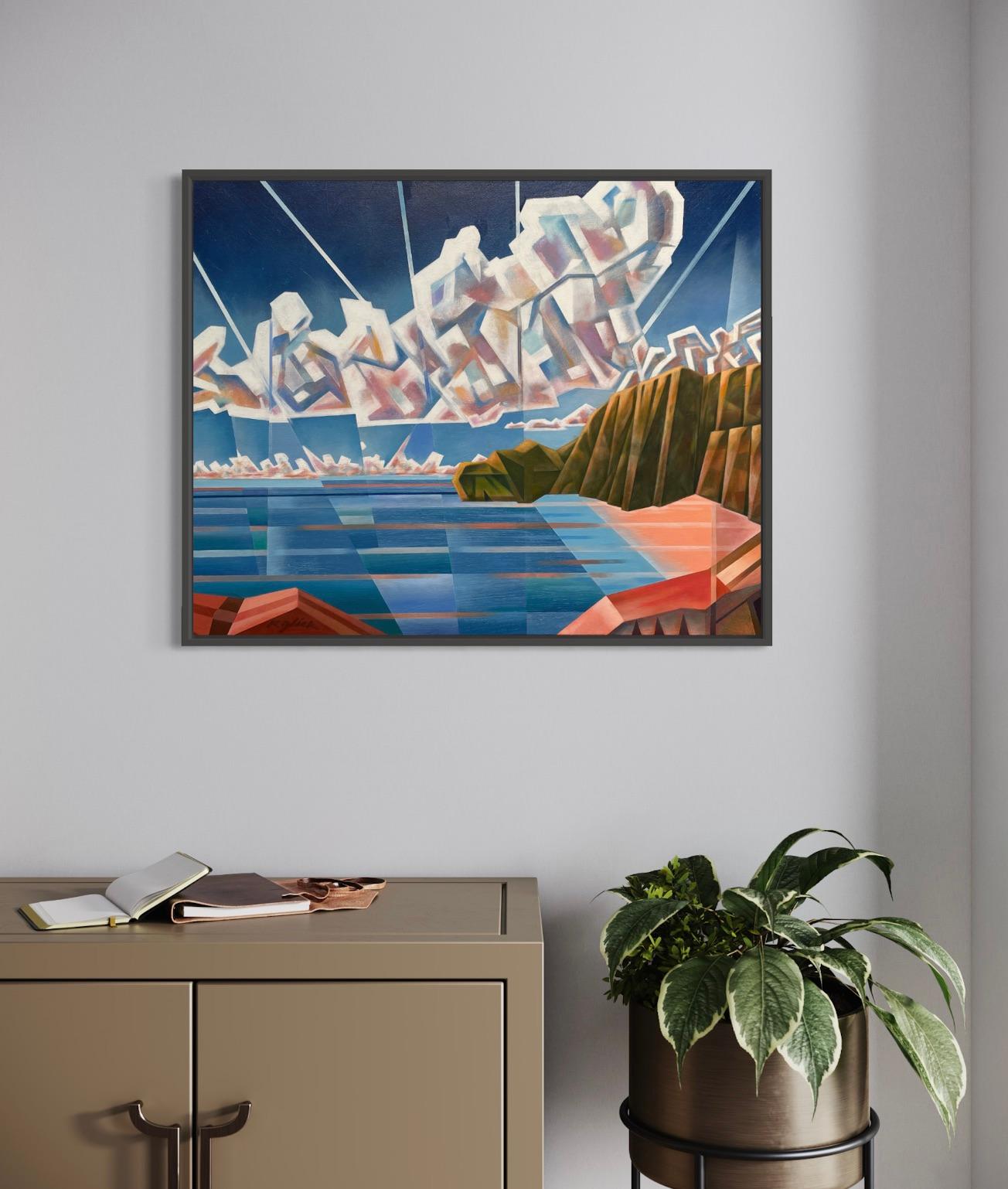 Holiday Cove' par Robert Theck - Paysage marin abstrait vibrant - Cubiste analytique - Painting de Robert Glick