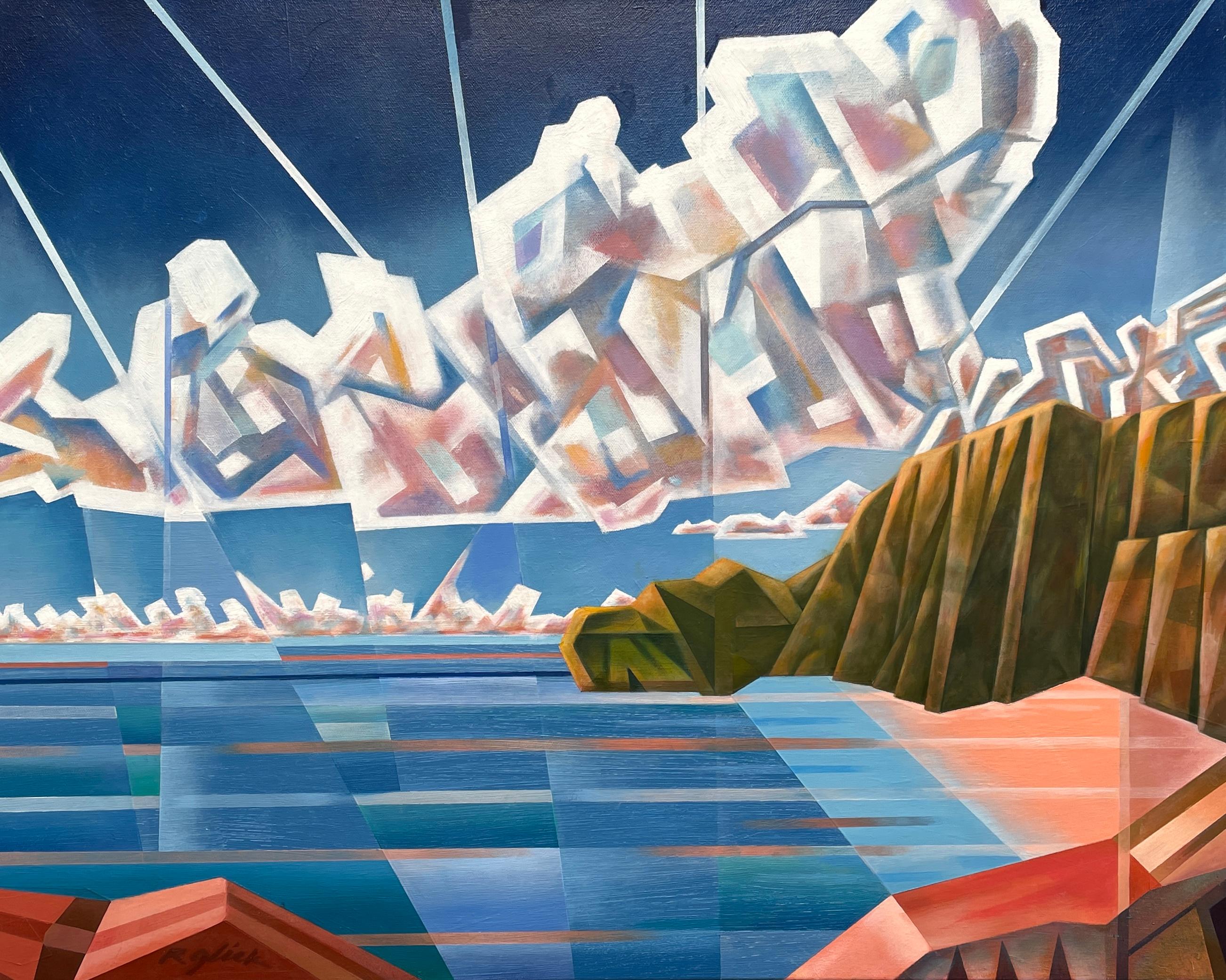 Holiday Cove' par Robert Theck - Paysage marin abstrait vibrant - Cubiste analytique - Contemporain Painting par Robert Glick