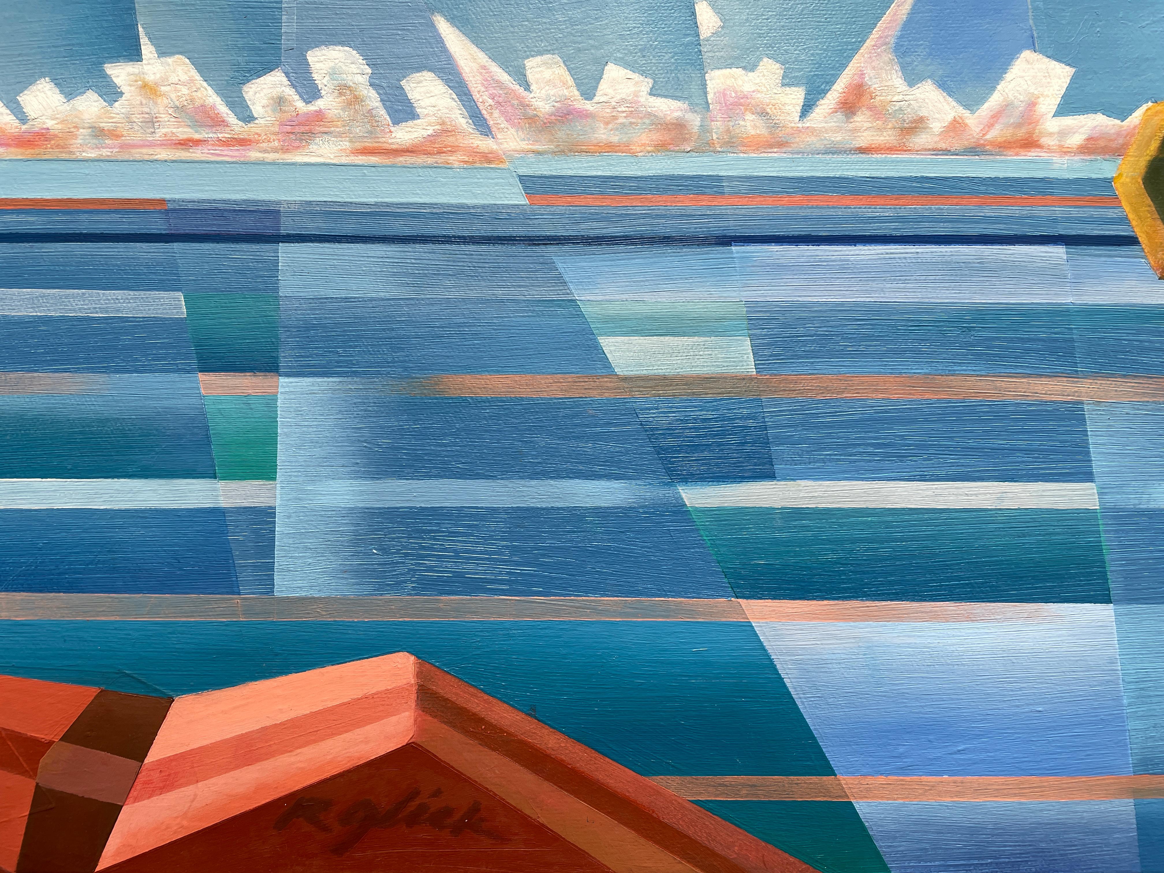 'Holiday Cove' di Robert Glick - Vibrante paesaggio marino astratto - Cubista analitico in vendita 5