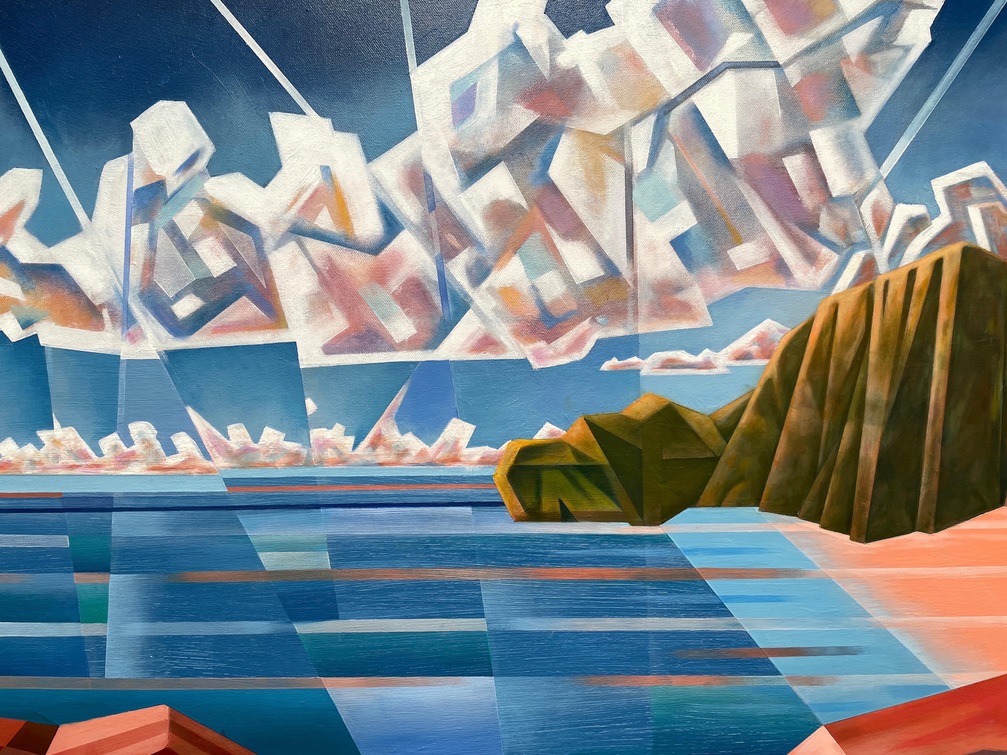 'Holiday Cove' di Robert Glick - Vibrante paesaggio marino astratto - Cubista analitico in vendita 6