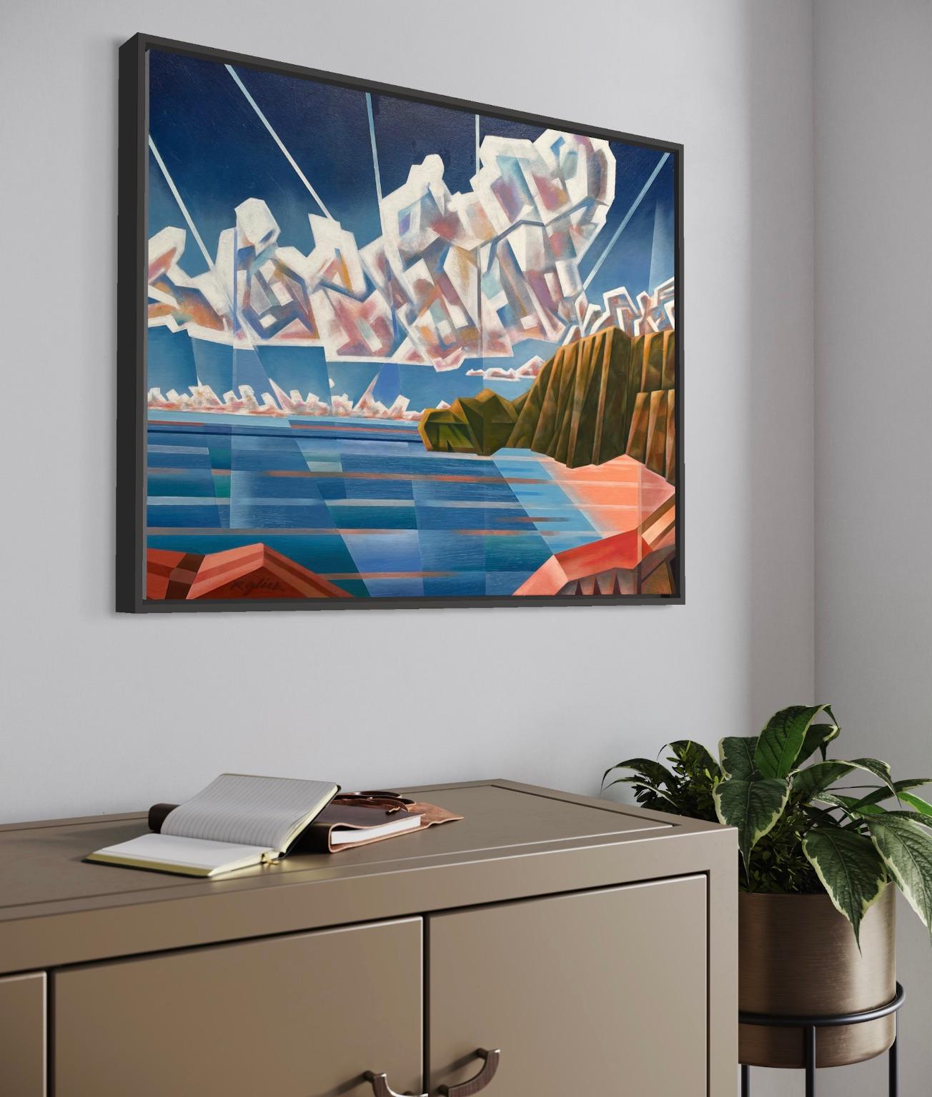 'Holiday Cove' di Robert Glick - Vibrante paesaggio marino astratto - Cubista analitico in vendita 7