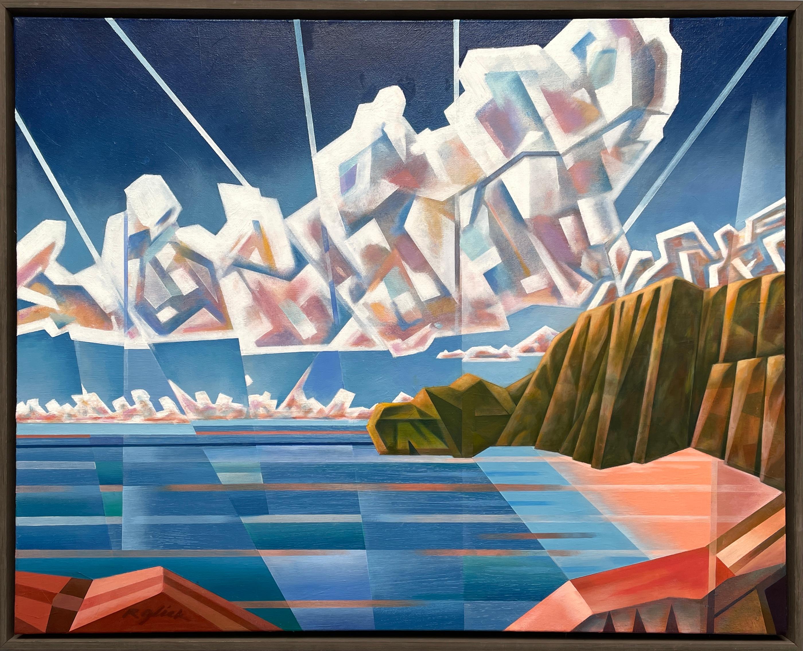 'Holiday Cove' by Robert Glick is a captivating 24" x 30" oil on canvas that exemplifies the principles of analytic cubism. This abstract seascape is composed of a series of fragmented, geometric forms that reconstruct the scene in a complex overlay