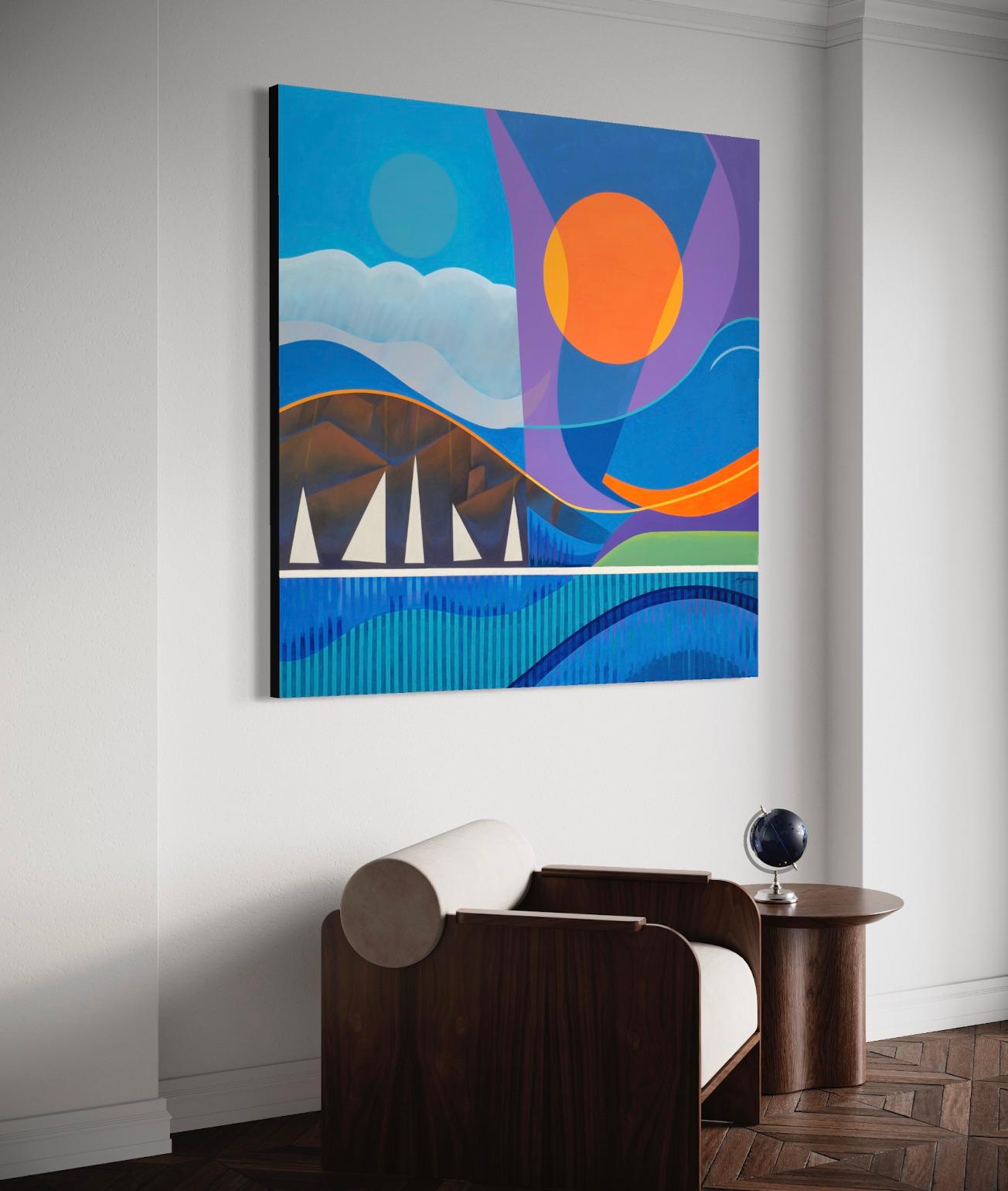 Summer' par Robert Theck - Grand paysage marin vibrant - Peinture cubiste d'analyste en vente 5