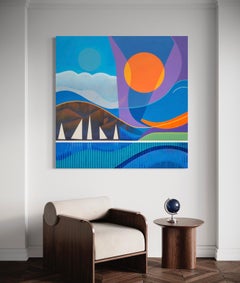 "Sommer" - Großes, lebhaftes, zeitgenössisches geometrisches Seestück in Lila, Blau und Orange