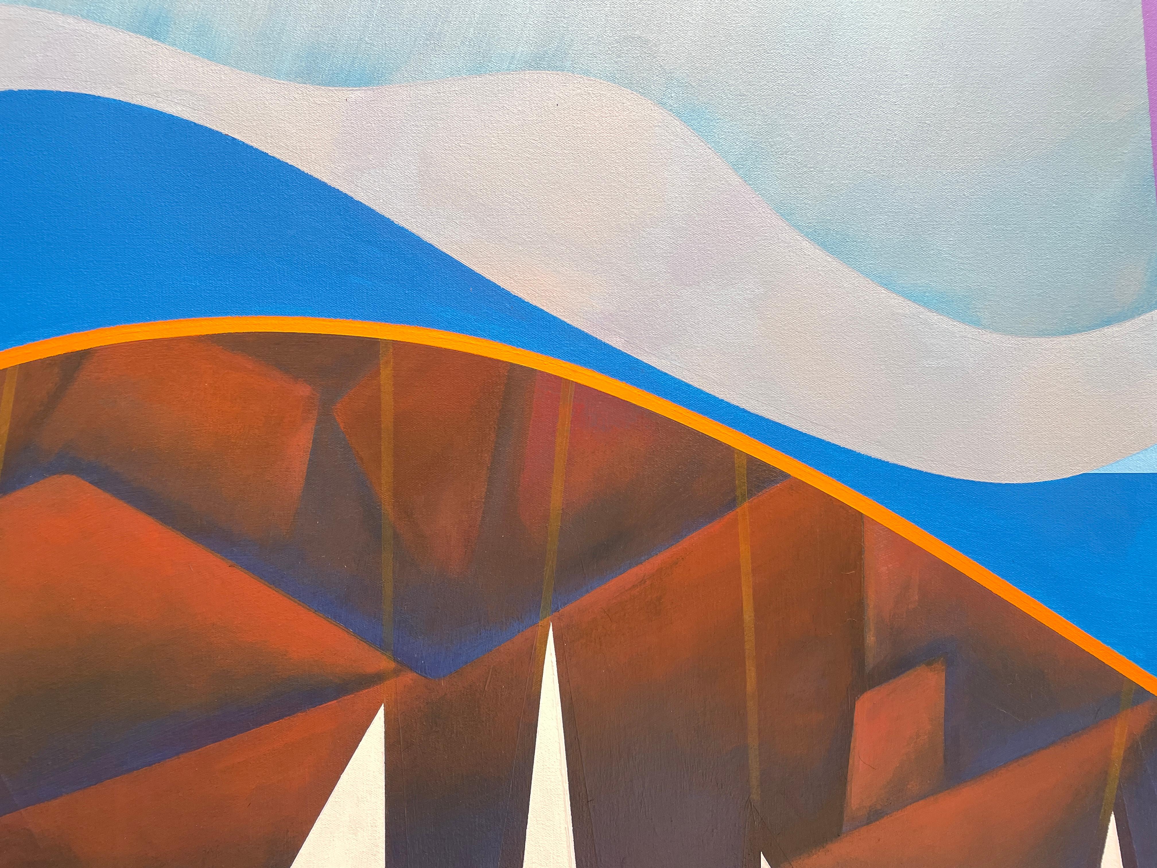 Summer' par Robert Theck - Grand paysage marin vibrant - Peinture cubiste d'analyste - Bleu Landscape Painting par Robert Glick