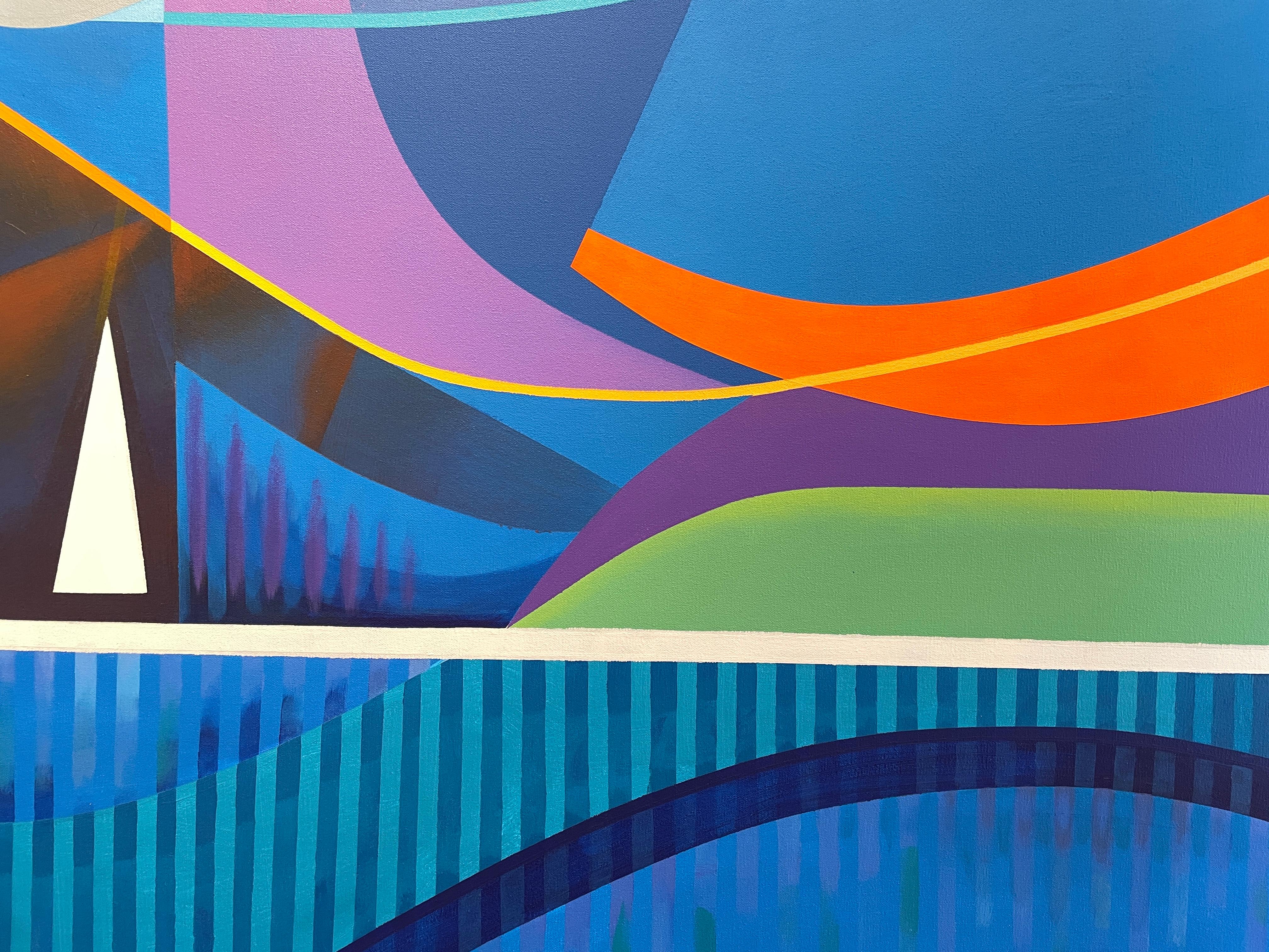 Summer' par Robert Theck - Grand paysage marin vibrant - Peinture cubiste d'analyste en vente 1