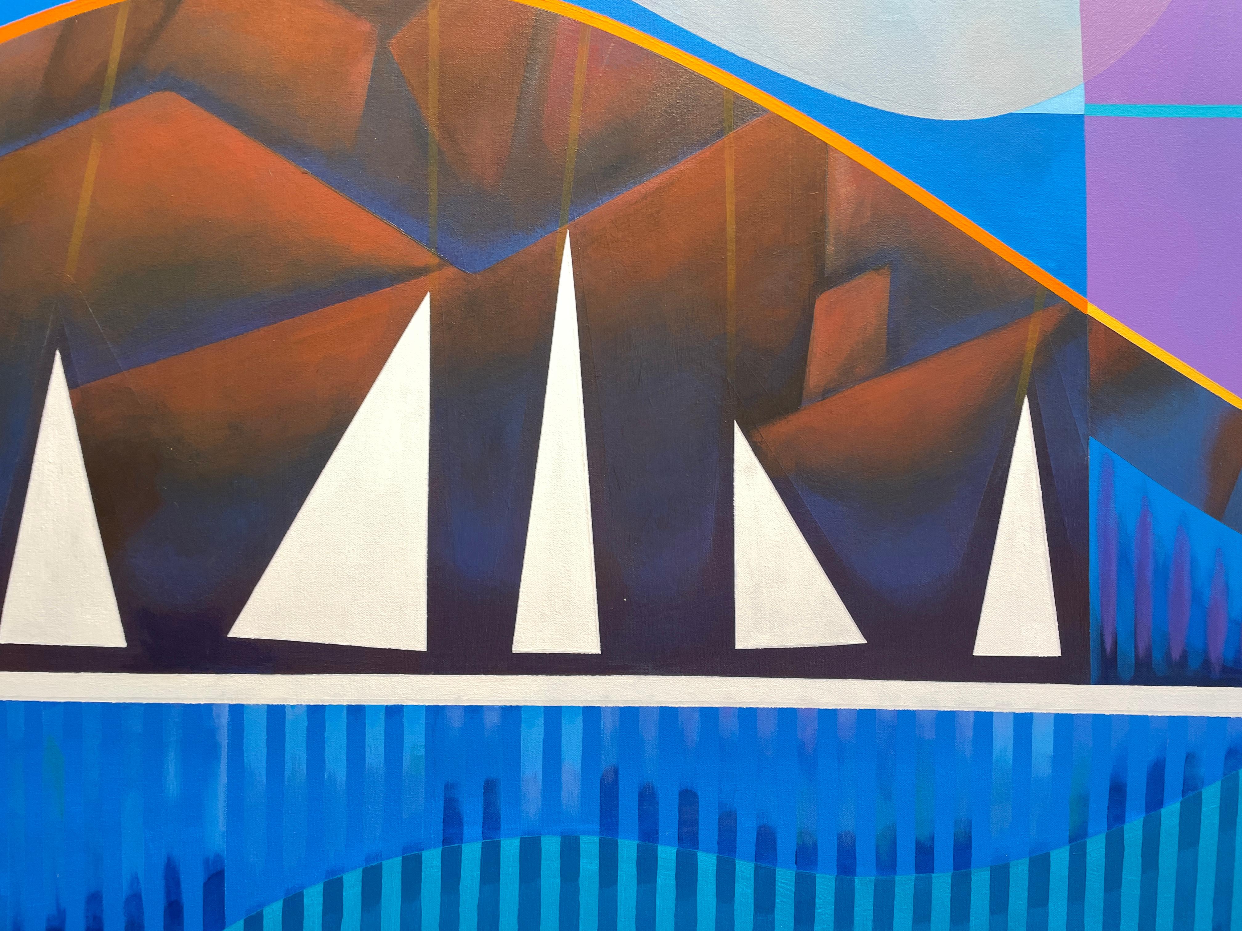 Summer' par Robert Theck - Grand paysage marin vibrant - Peinture cubiste d'analyste en vente 2