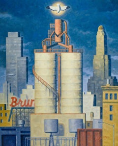 2nd Ave (Edward Hooper Style Industrial City Landscape Painting on Linen)