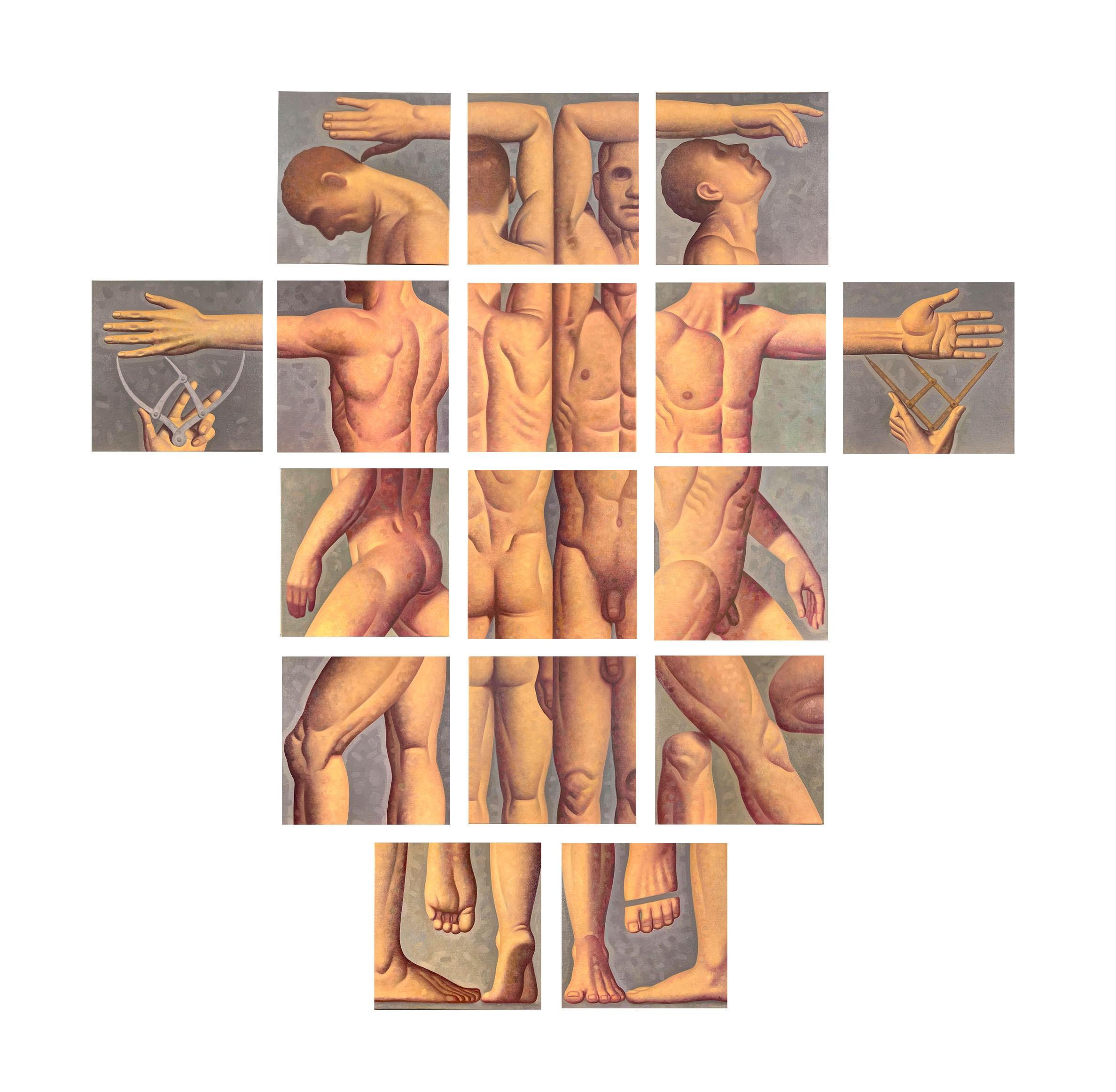 Lección de anatomía, 6 (Pintura figurativa al óleo de dos torsos masculinos musculosos) - Nude Painting Naranja de Robert Goldstrom