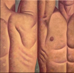 Lección de anatomía, 6 (Pintura figurativa al óleo de dos torsos masculinos musculosos)
