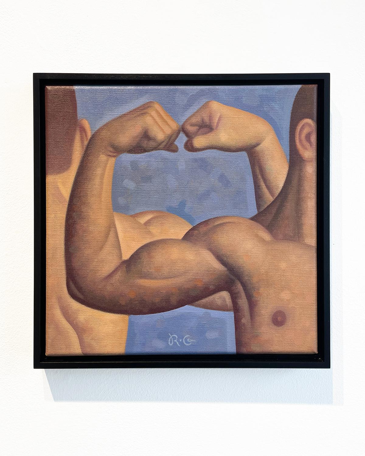 Lección de anatomía, Bíceps I (Pintura al óleo figurativa de brazos musculosos sobre azul) - Painting de Robert Goldstrom