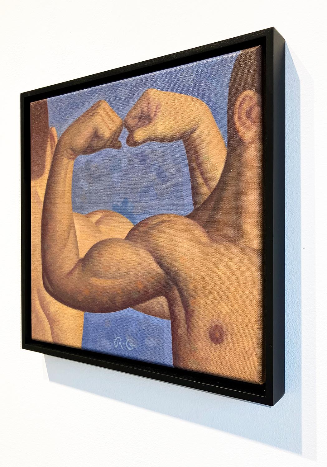 Lección de anatomía, Bíceps I (Pintura al óleo figurativa de brazos musculosos sobre azul) - Painting Contemporáneo de Robert Goldstrom