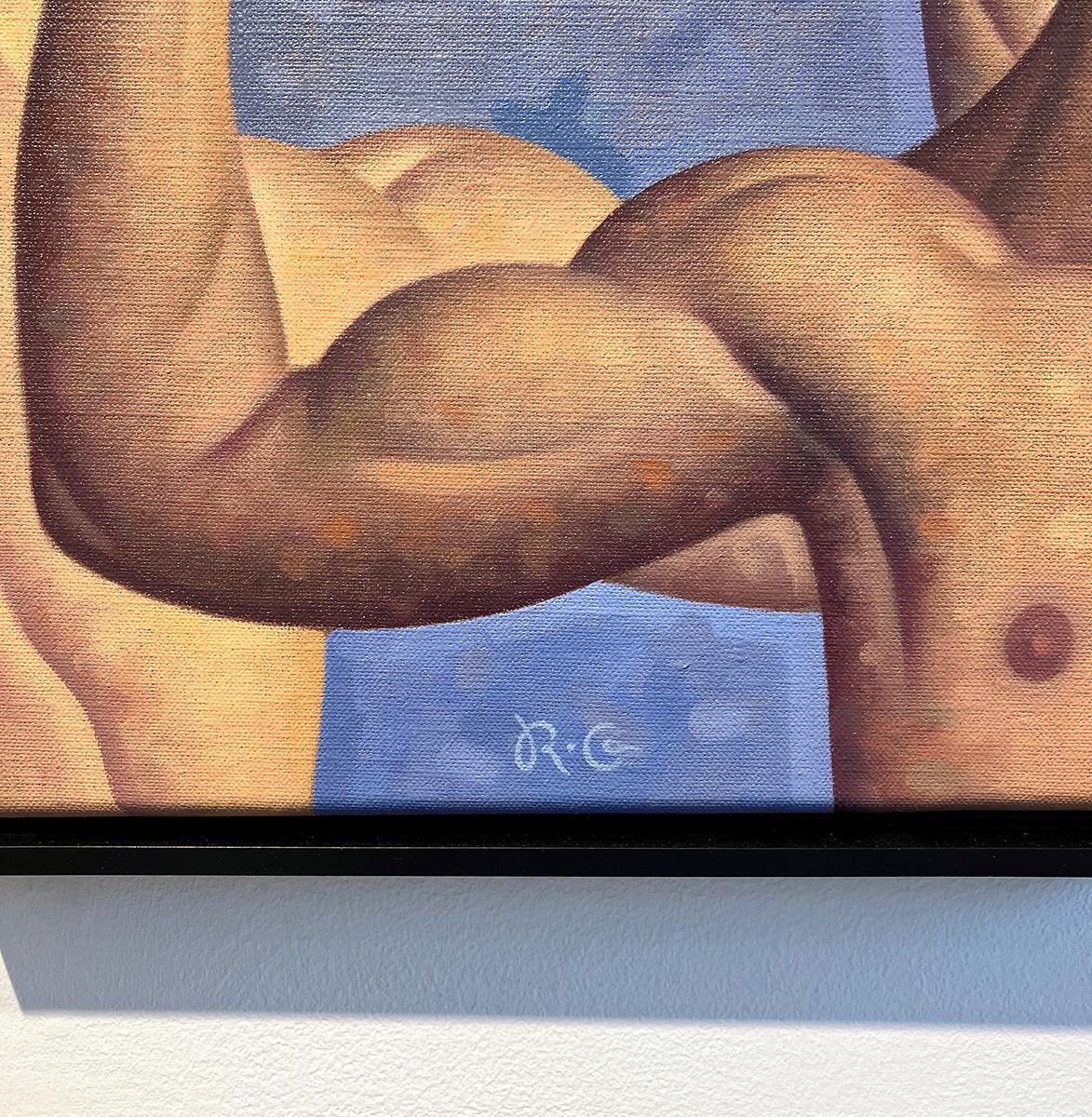 Lección de anatomía, Bíceps I (Pintura al óleo figurativa de brazos musculosos sobre azul) - Nude Painting Marrón de Robert Goldstrom