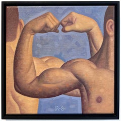 Lección de anatomía, Bíceps I (Pintura al óleo figurativa de brazos musculosos sobre azul)