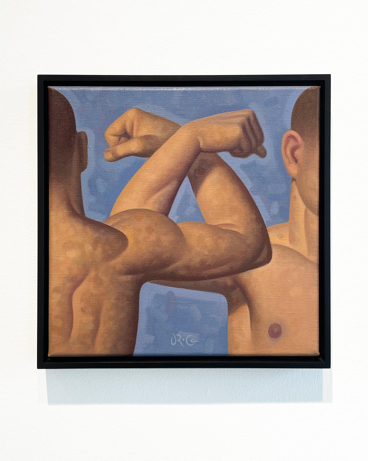 Lezione di anatomia, Bicipite II (pittura ad olio figurativa di braccia muscolose su sfondo blu) - Painting di Robert Goldstrom