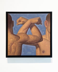 Anatomy Lesson, Biceps II (peinture à l'huile figurative d'armoiries musculaires sur bleu)