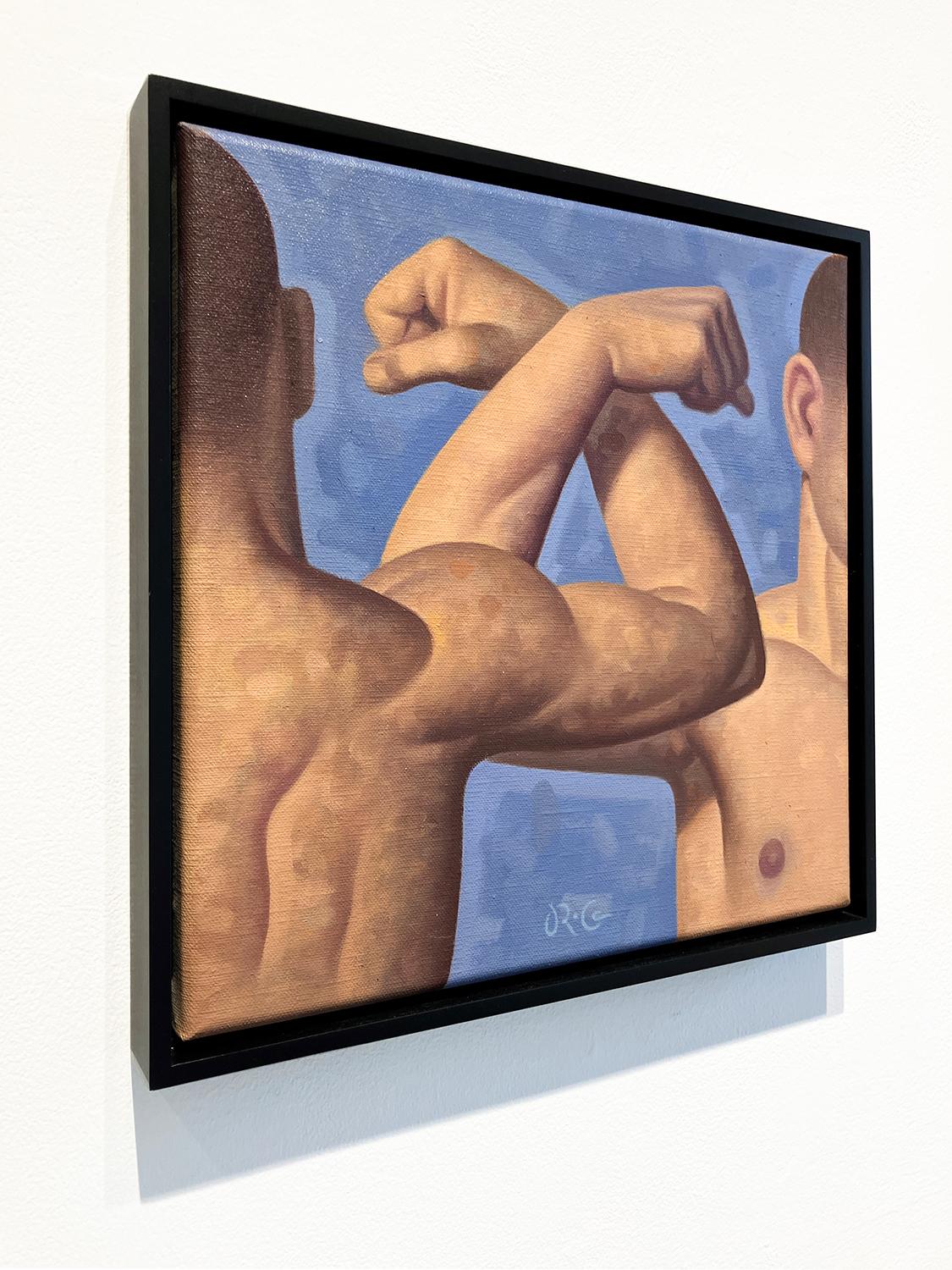 Lezione di anatomia, Bicipite II (pittura ad olio figurativa di braccia muscolose su sfondo blu) - Painting Contemporaneo di Robert Goldstrom