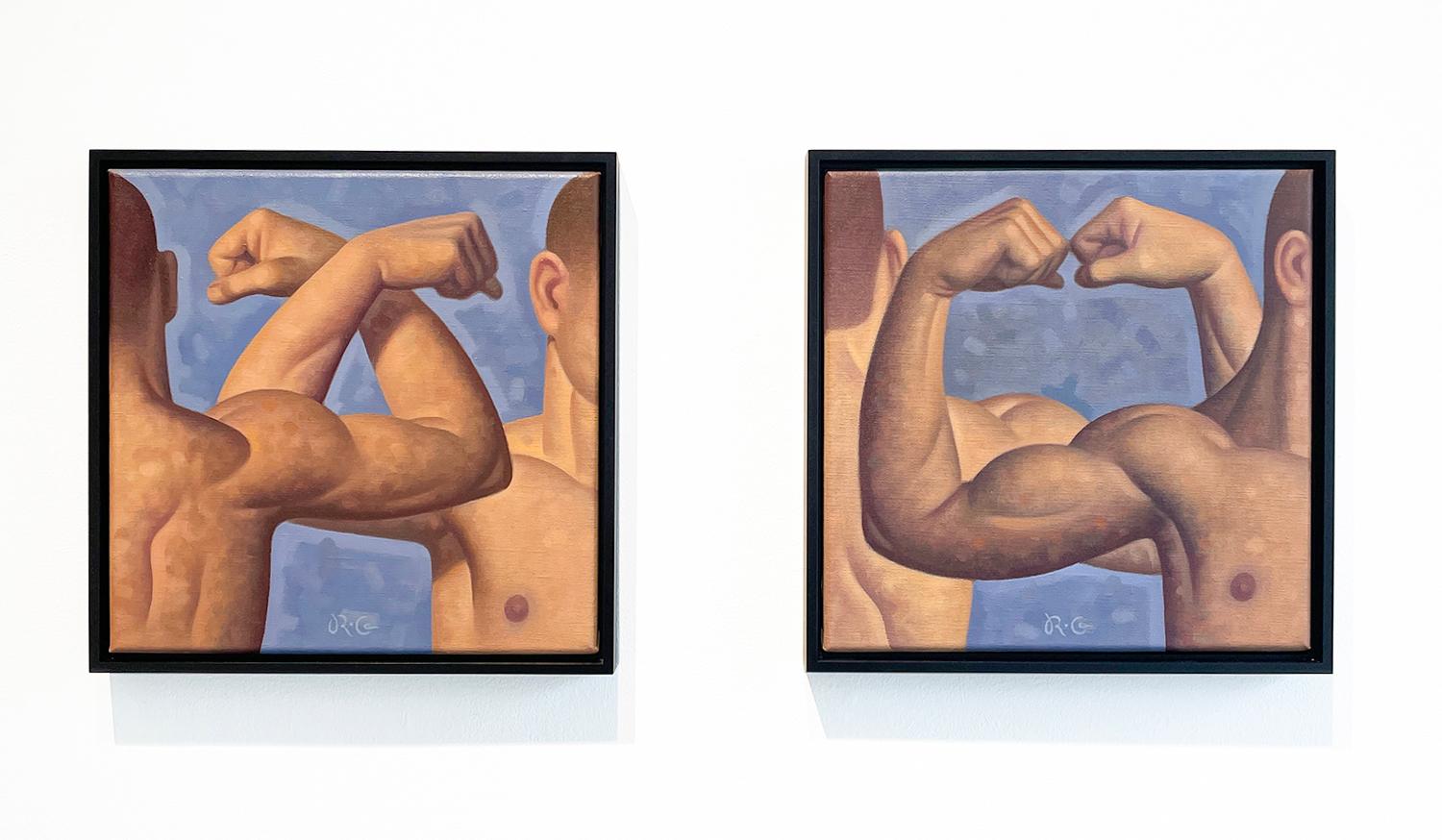 Lezione di anatomia, Bicipite II (pittura ad olio figurativa di braccia muscolose su sfondo blu) 1