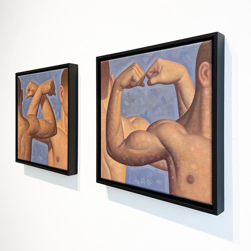 Lezione di anatomia, Bicipite II (pittura ad olio figurativa di braccia muscolose su sfondo blu) 2