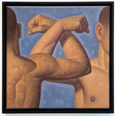Lección de Anatomía, Bíceps II (Pintura al óleo figurativa de brazos musculosos sobre azul)