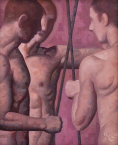 Anatomy Lesson No. 42 (Figurative Painting of Three Nude Male Models on Purple)