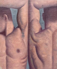 Vintage Anatomy Lesson No. 52 (Figurative Painting of Male Nude Pair on Blue Panel)