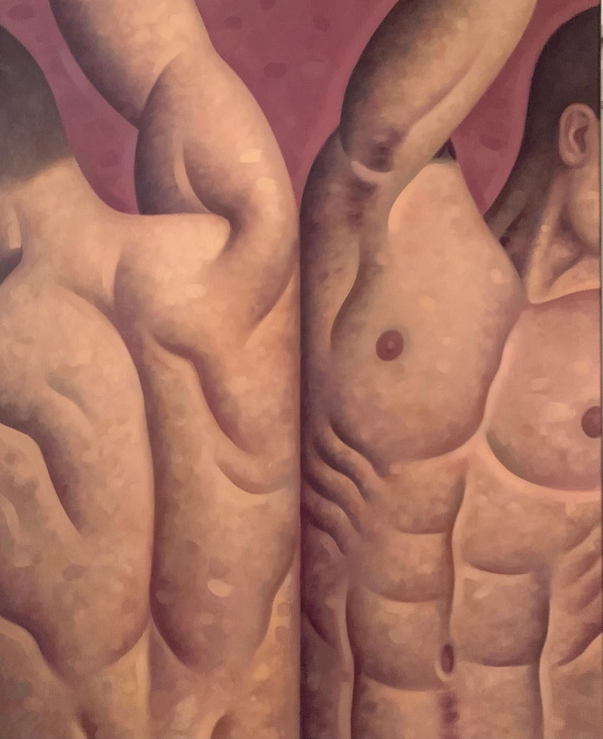 Anatomy Lesson, No. 57, 2024 (modern oil painting of two closely cropped nude male figures against red background)
oil on linen
30 x 24 inches
31 x 25 x 2 inches with a black floater frame
wire backing
signed and in excellent condition 

This