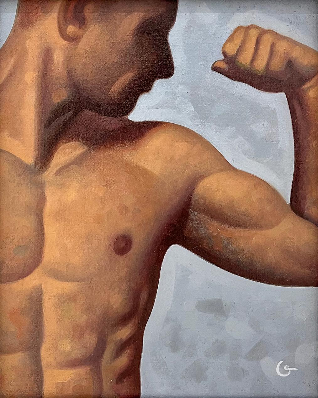 Figurative painting of male nude torso on a blood orange background
"Anatomy Lesson No. 67, Study", painted by Hudson Valley artist, Robert Goldstrom in 2023
oil on linen panel 
10 x 8 inches unframed, 11 x 9 x 1.5 inches in white wood frame
Signed,