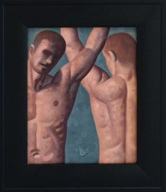 Anatomy No. 36 (Figurative Painting of Two Nude Male Models on Teal Green)
