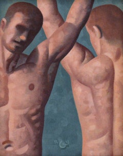 Anatomie Nr. 36 (Figuratives Gemälde zweier nackter männlicher Modelle auf blaugrünem Grund)
