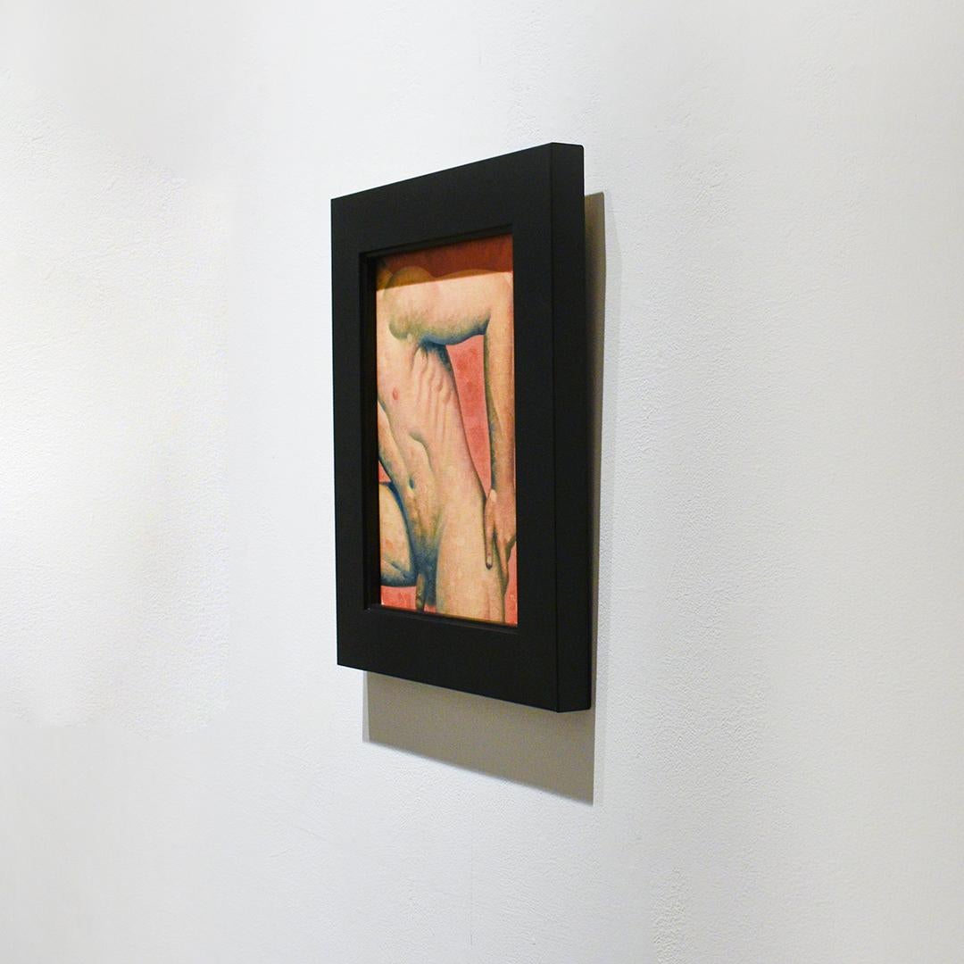 Figurative painting of male nude torso on a blood orange background
