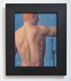 Anatomy Study 16 (Small Figurative Painting, Back of a Male Model on Blue)