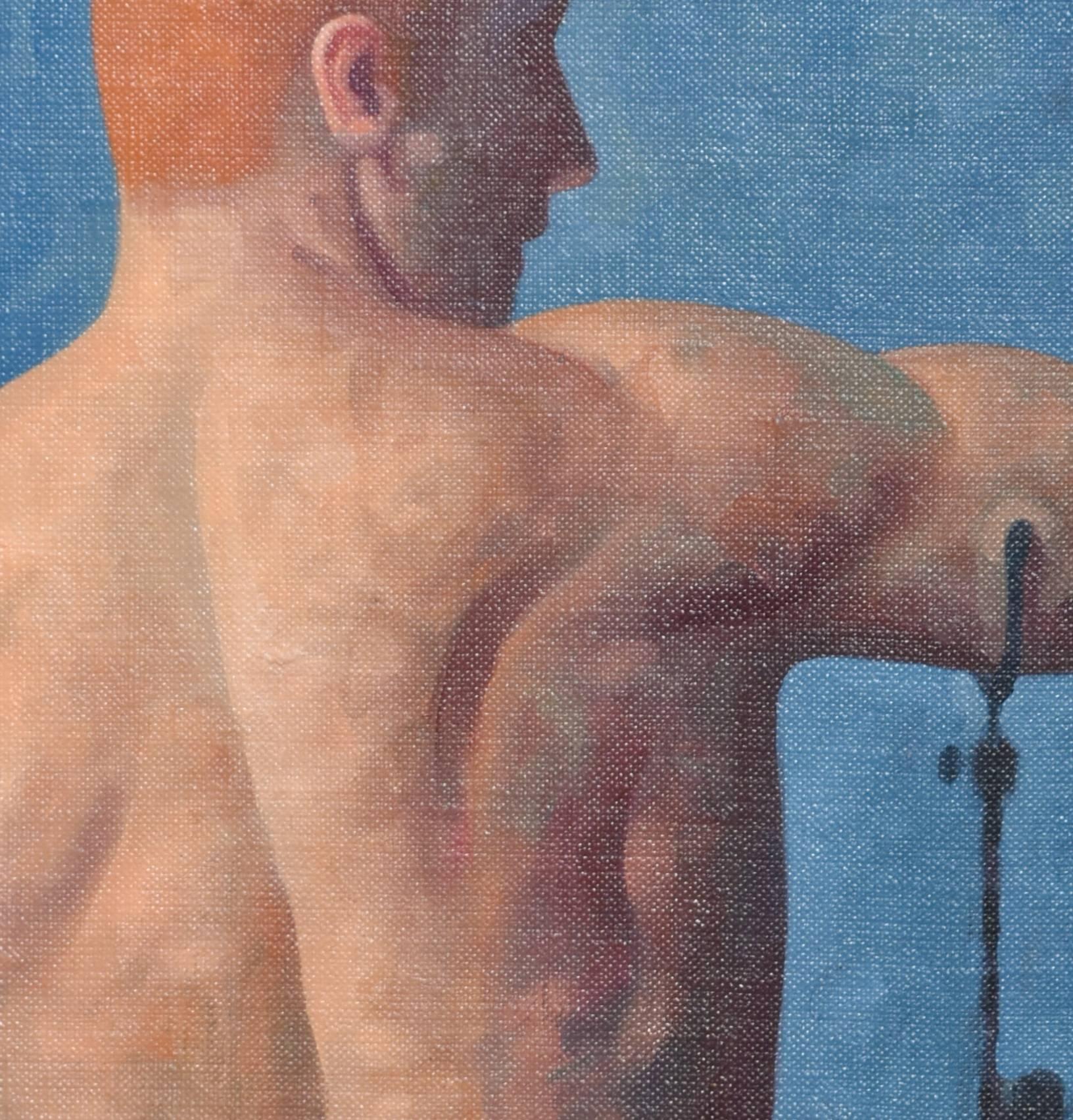 Figurative oil painting of nude male model on linen board
10 x 8 inches unframed, 13 x 11 x 1.5 inches in black frame

This contemporary figurative painting is one in a series of Anatomy Paintings created by the artist in 2017. Goldstrom focuses on