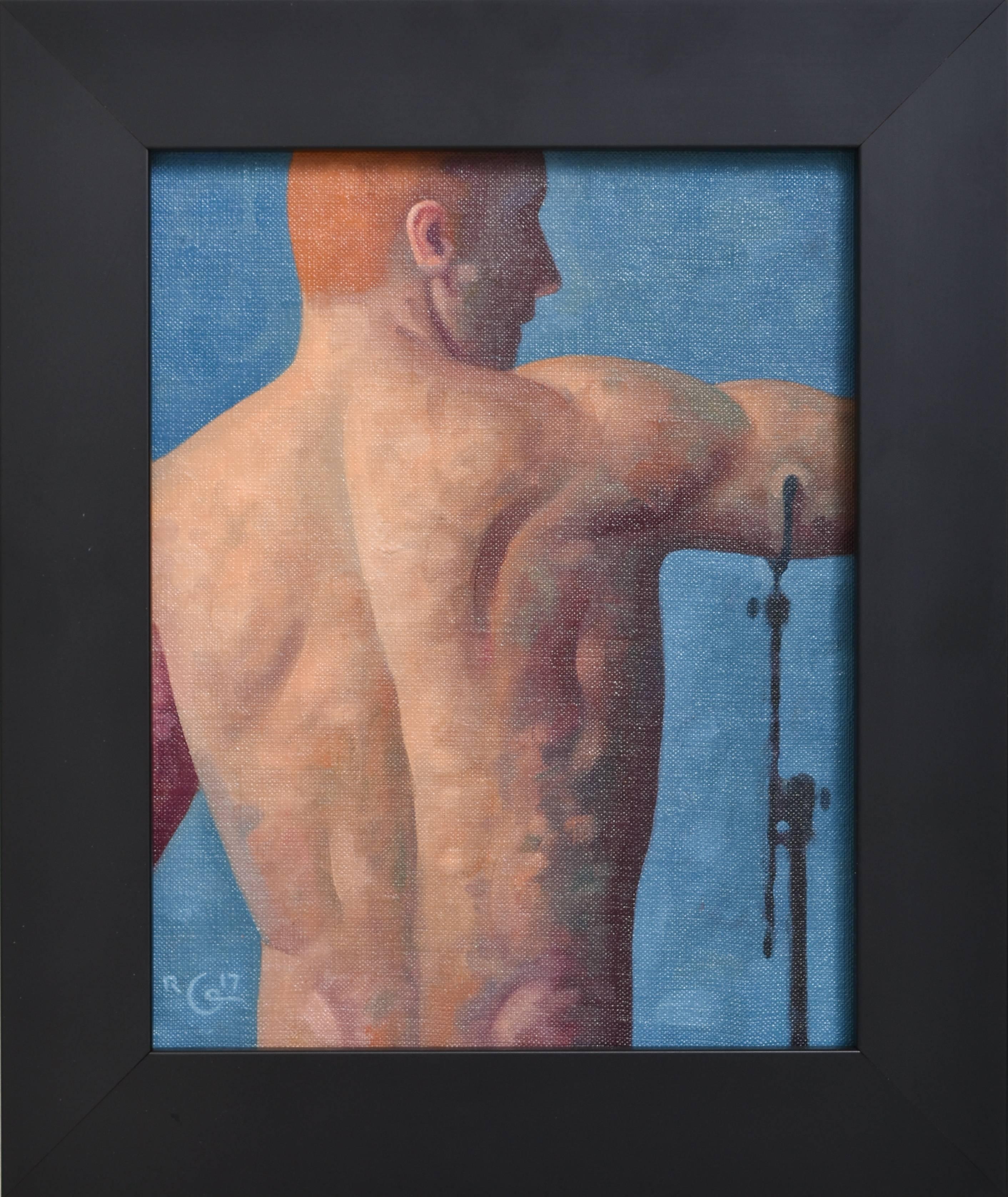 Robert Goldstrom Nude Painting - Anatomy Study 16 (Small Figurative Painting, Back of a Male Model on Blue)