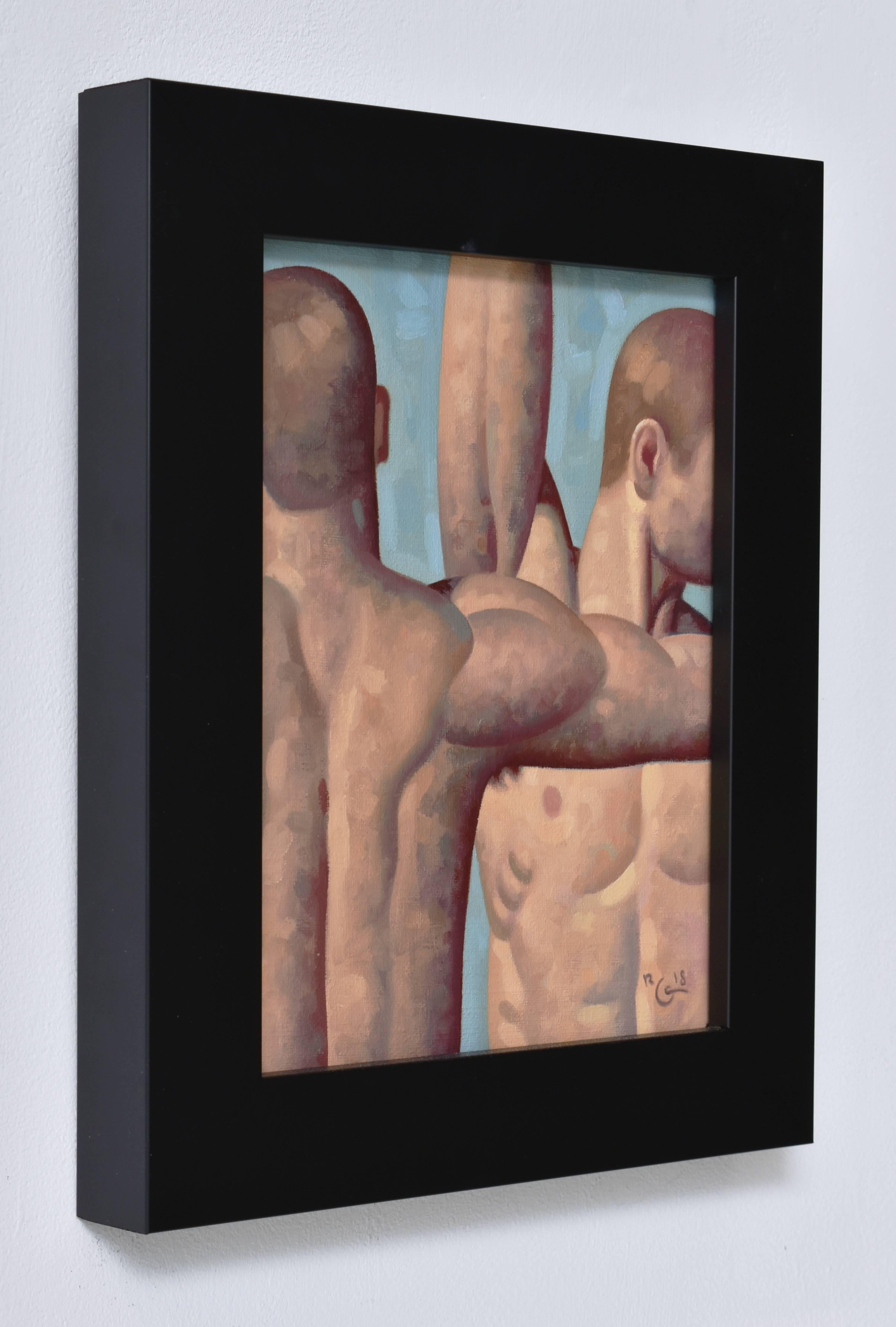 Anatomy Study 33 (Small Figurative Painting of Two Nude Male Models on Blue) 1