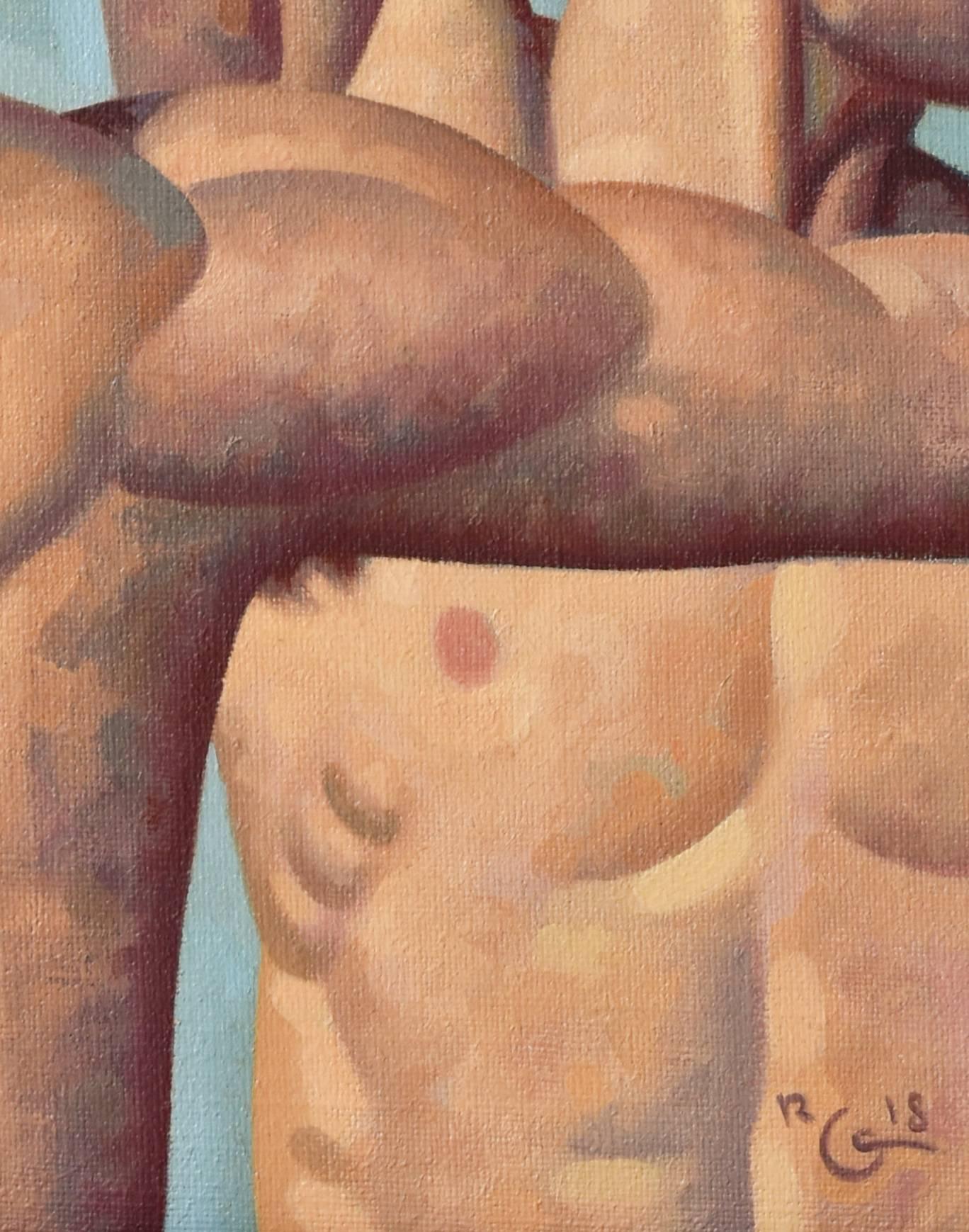 Anatomy Study 33 (Small Figurative Painting of Two Nude Male Models on Blue) 2