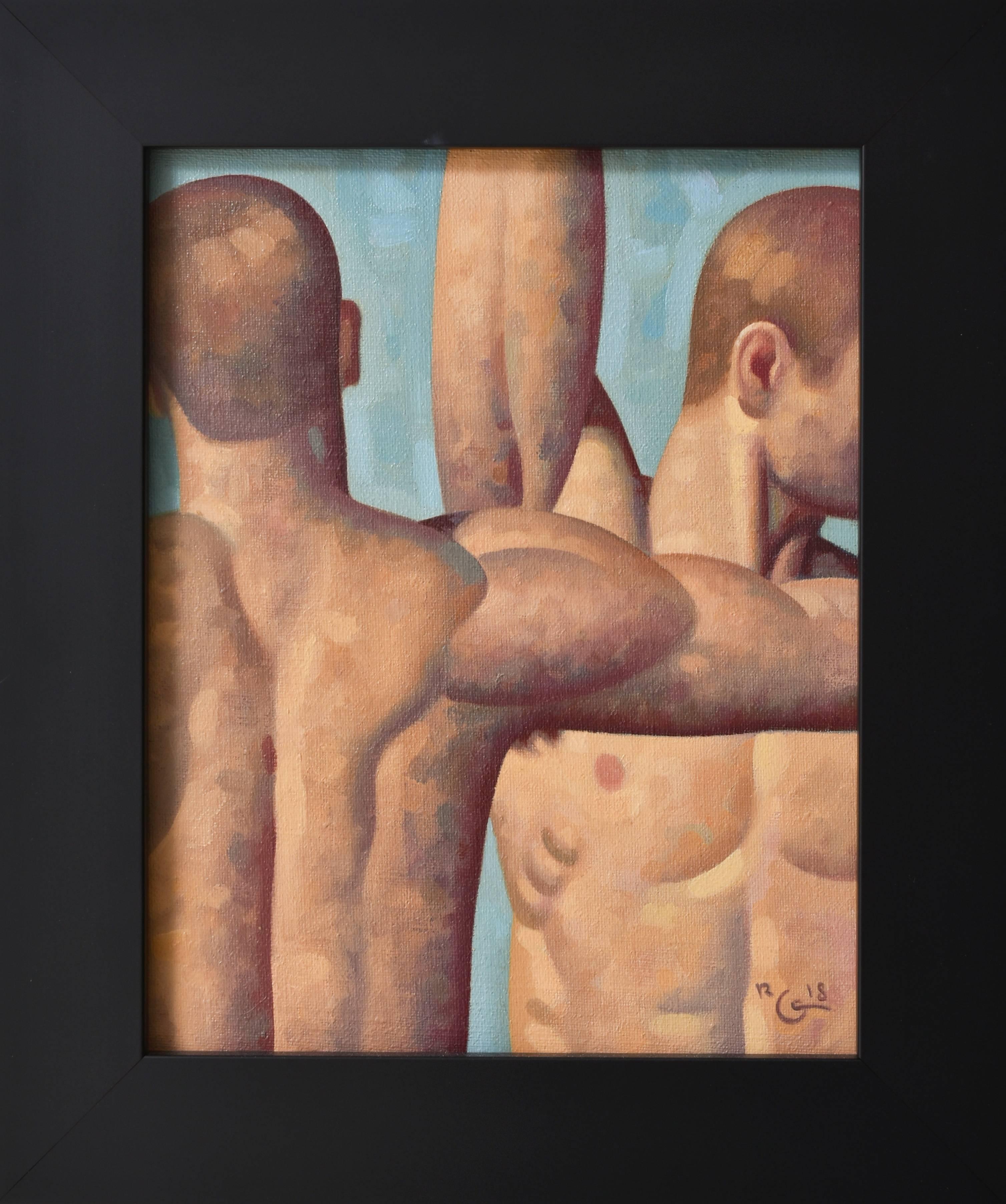 Robert Goldstrom Nude Painting - Anatomy Study 33 (Small Figurative Painting of Two Nude Male Models on Blue)