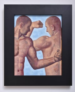 Anatomy Study 34 (Small Figurative Painting of Two Nude Male Models on Blue)