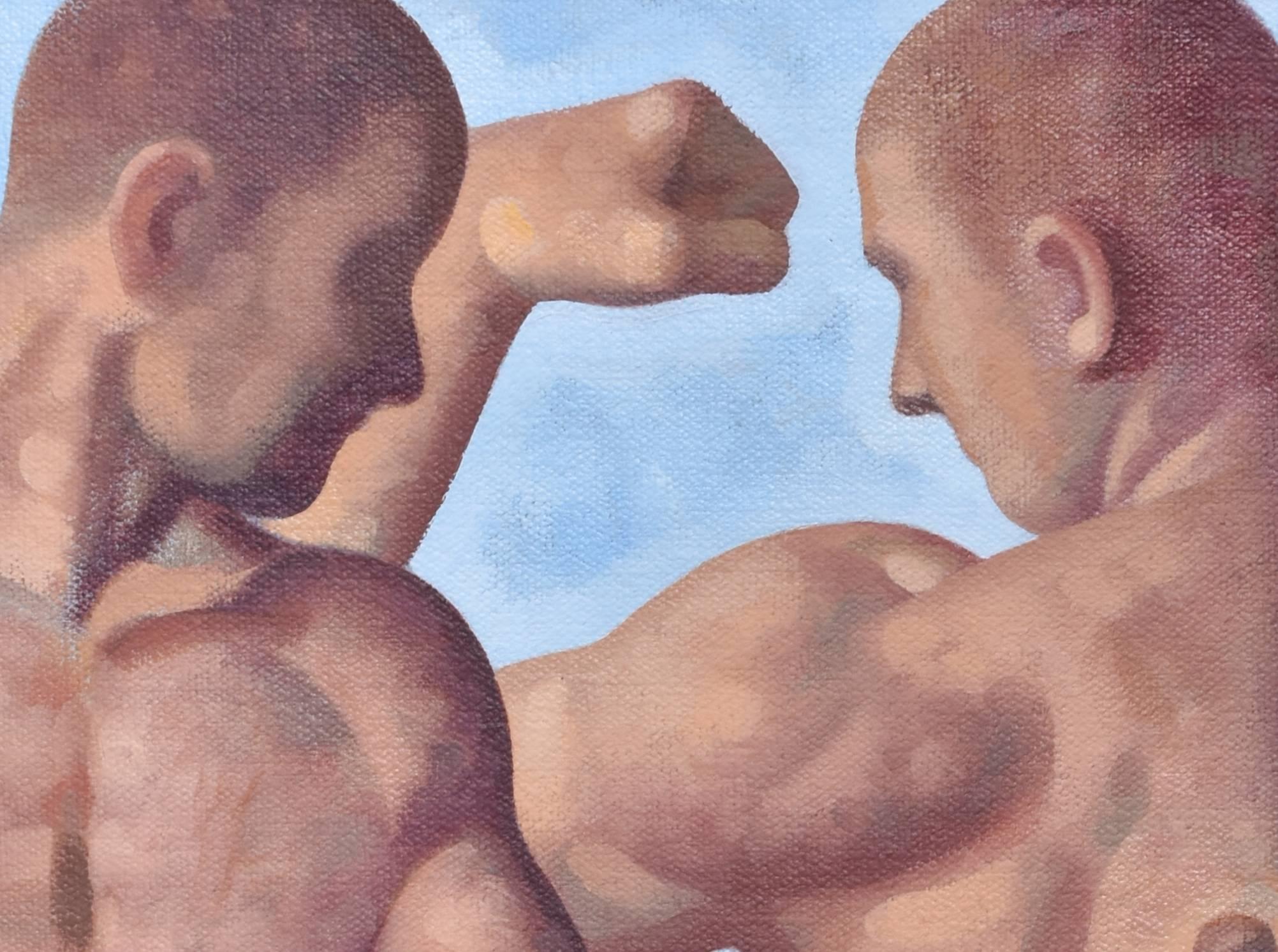 Figurative oil painting of two nude male models on linen board
10 x 8 inches unframed, 13 x 11 x 1.5 inches in black frame

This contemporary figurative painting is one in a series of Anatomy Paintings created by the artist in 2018. Goldstrom