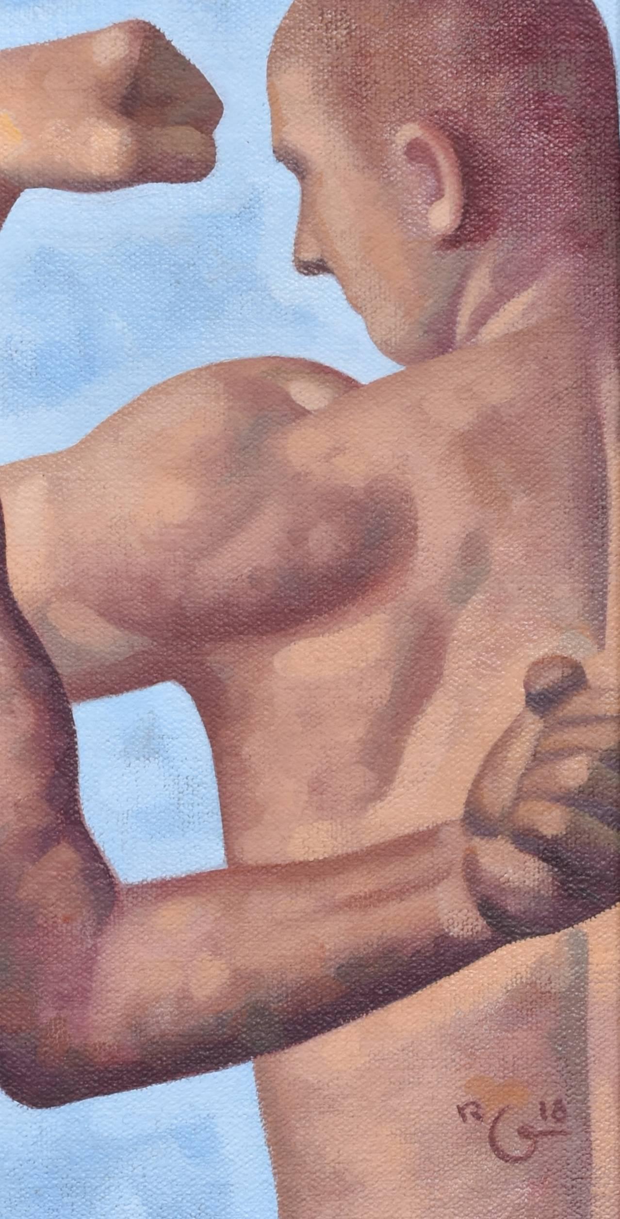 Anatomy Study 34 (Small Figurative Painting of Two Nude Male Models on Blue) 1