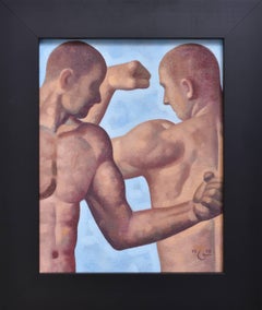 Étude d'anatomie 34 (petite peinture figurative de deux modèles masculins nus sur bleu)