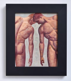 Anatomy Study 35 (Small Figurative Painting of Two Nude Male Models on Green)